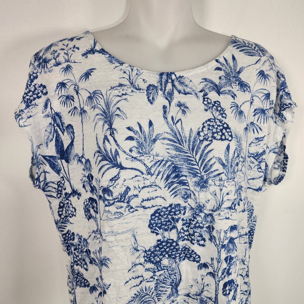 Nicole Miller Womens 100% Linen Top L Blue White Floral Short Sleeve Tropical - Picture 3 of 9